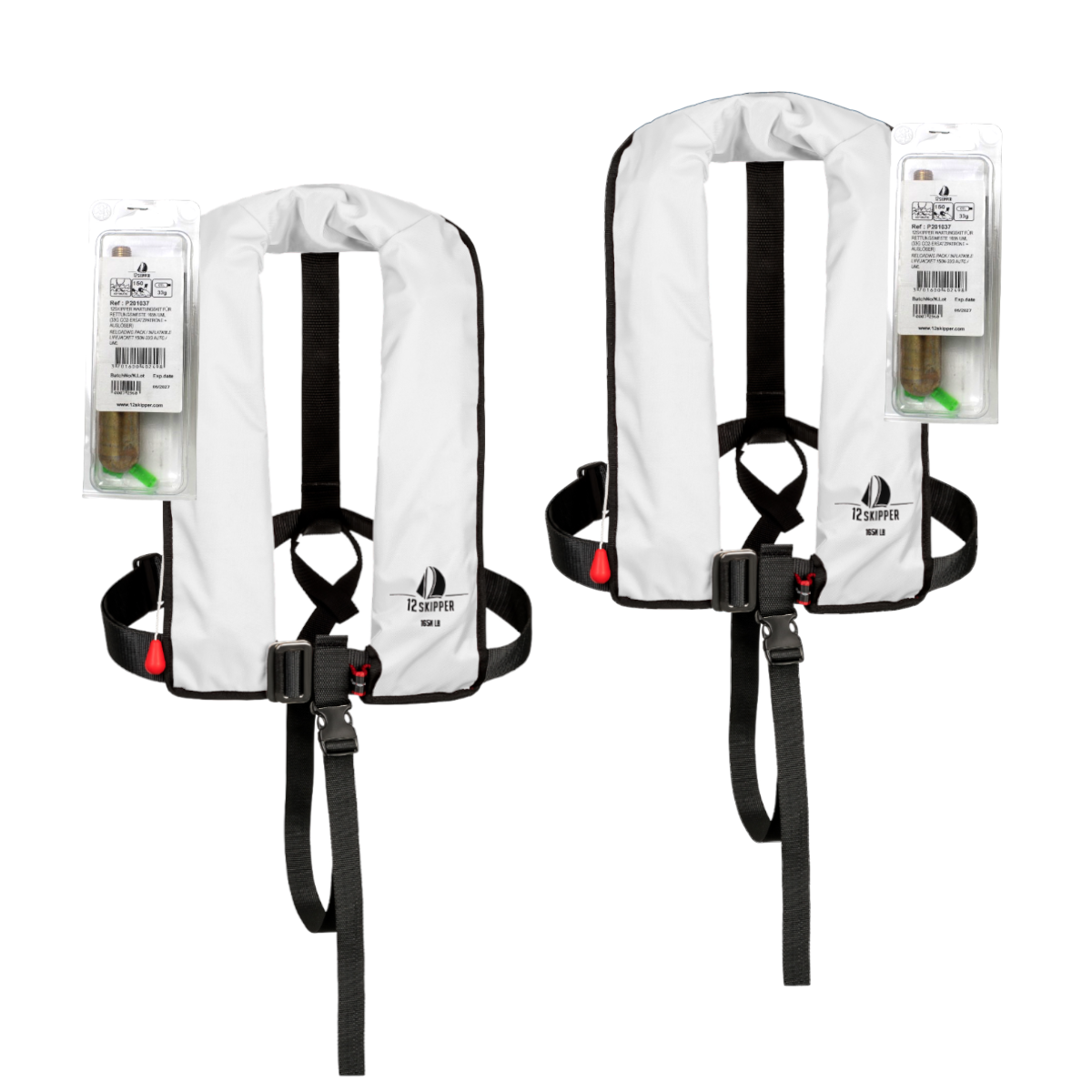 Set van 2: 12skipper automatisch reddingsvest 165N ISO met harnas, wit, en herlaadset