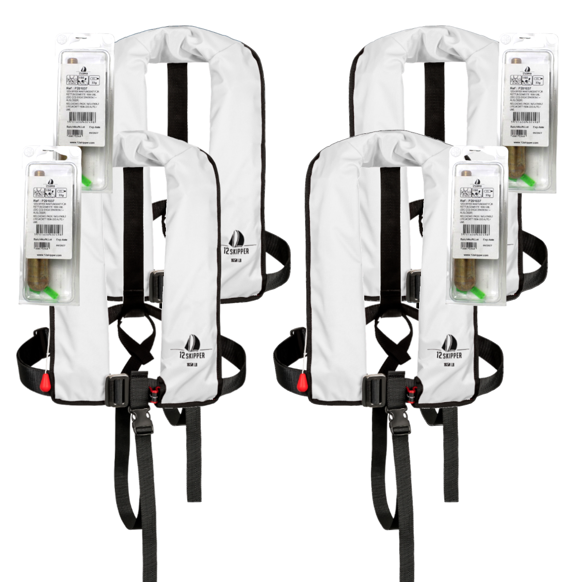Set van 4: 12skipper automatisch reddingsvest 165N ISO met harnas, wit, en herlaadset